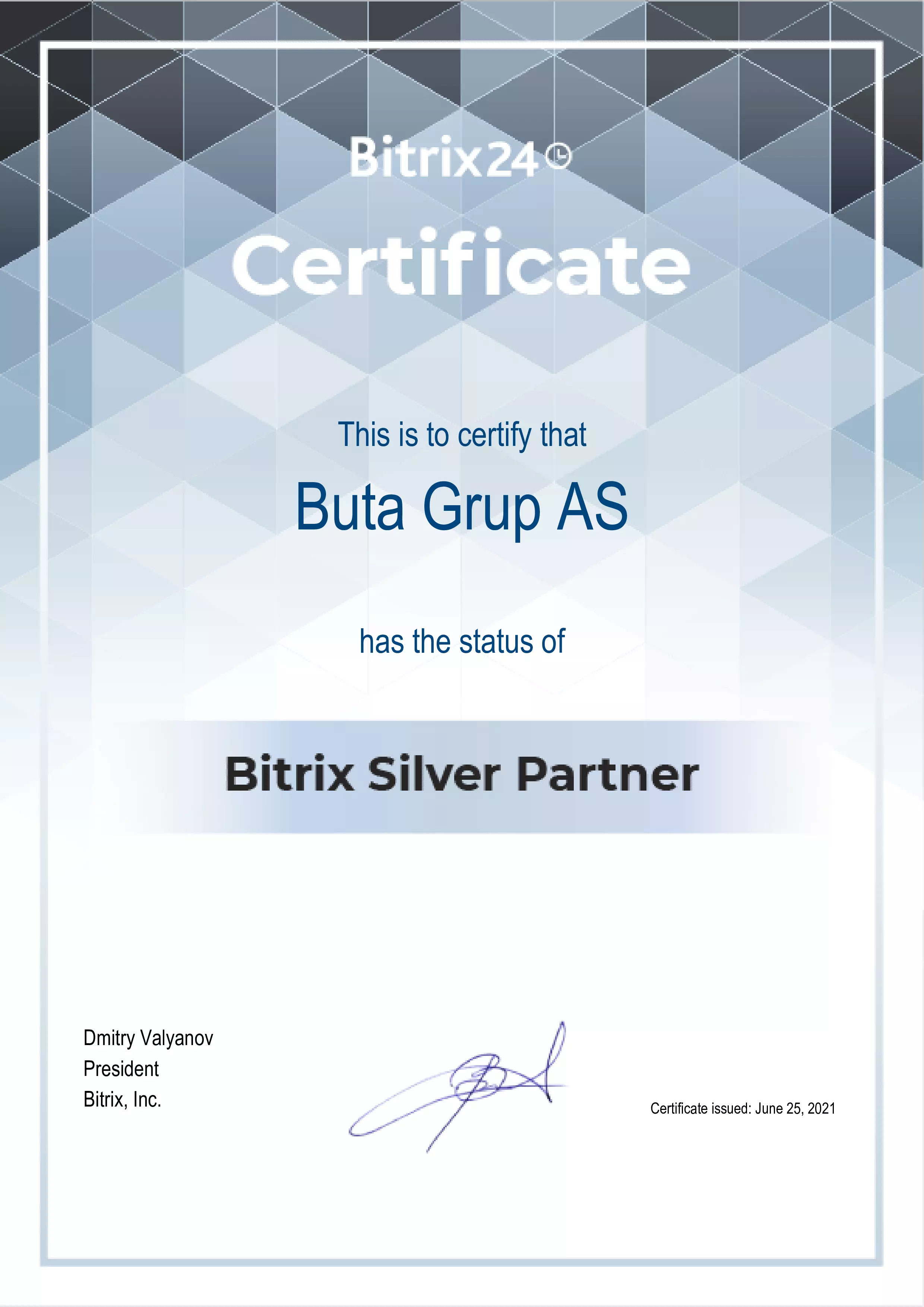 Bitrix Silver Partner Certificate